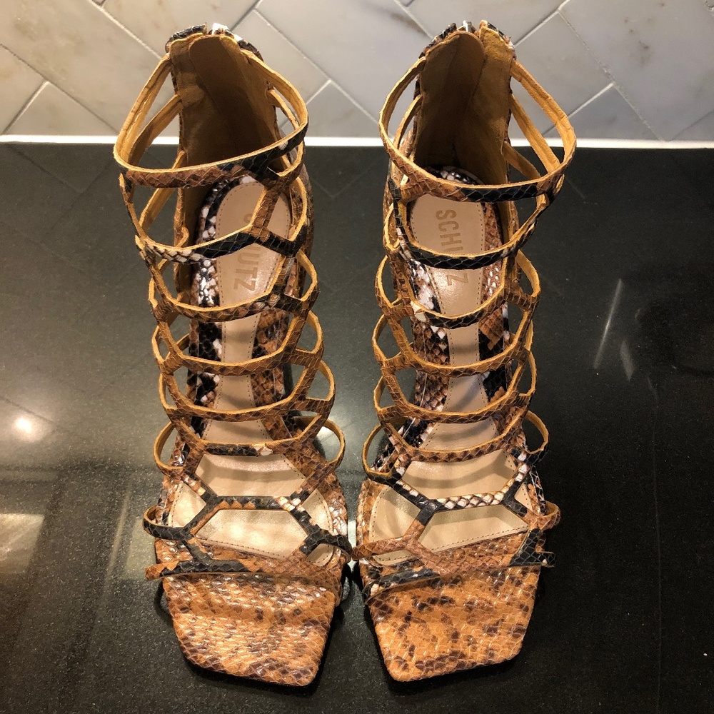 Schutz Caramel Brown Snakeskin Embossed Heels